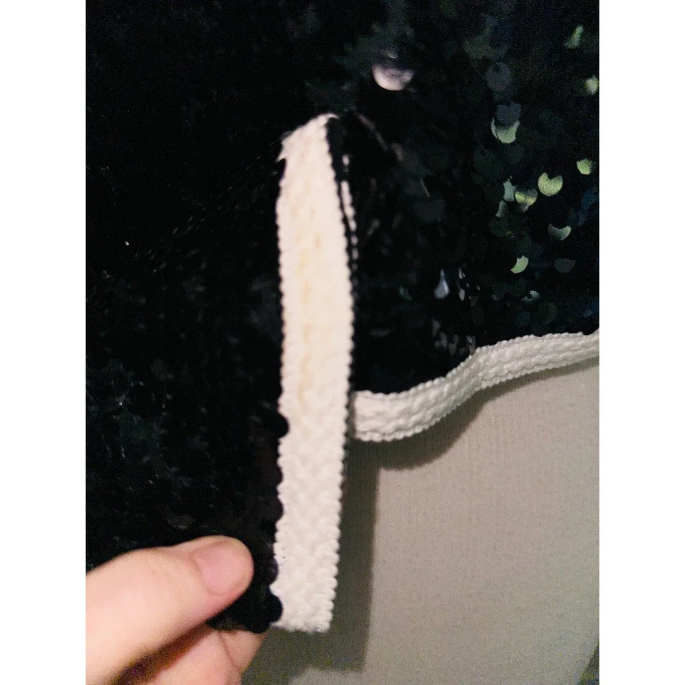 ND1 J. Crew Sequin Jacket Cropped Black‎ Gold Button White Trim Party Coat XS